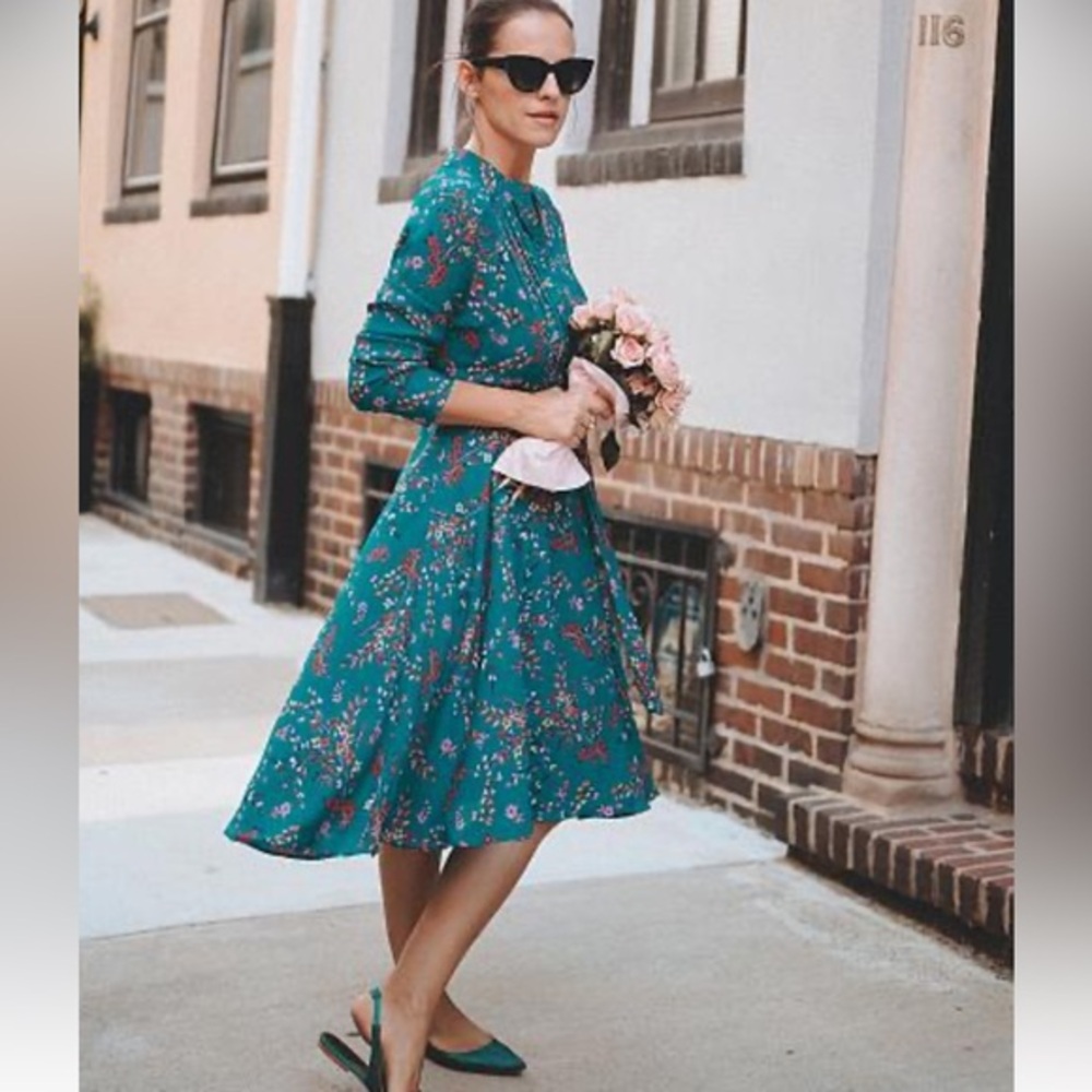 NWT NANETTE by NANETTE LEPORE 6 teal fit & flare midi L-sleeve floral dress - Picture 1 of 14